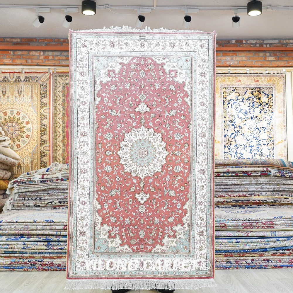 

91x152cm Red Persian Handmade Medallion Silk Carpet Handknotted Area Rug (HF256B)