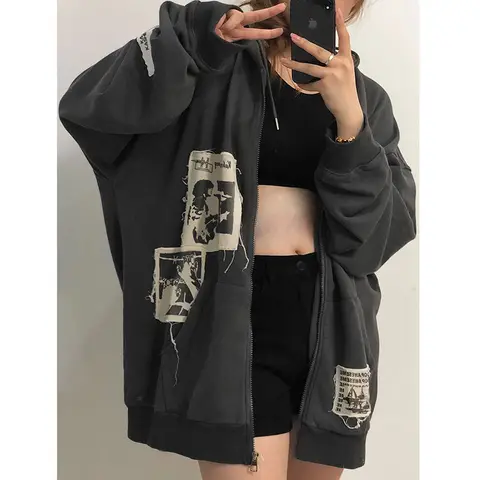 Emo Women Alt Korean Hoodie Zip Up Grunge Aesthetic Jacket Vintage  Streetshirt Harajuku Sweatshirts Graffiti Y2K Zipper Clothes
