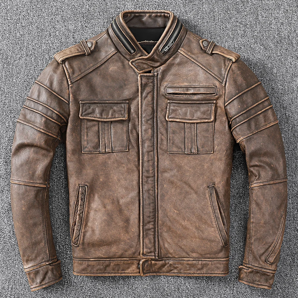 

New Men Cowhide Coat Male Genuine Leather Jacket Vintage Style Man Motorcycle Biker Clothes Thick Calfskin Real Learher Coats