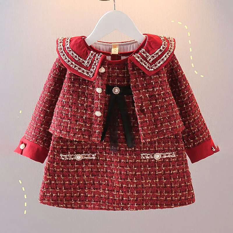 

Girls Dress Suit Small Fragrance Skirt Autumn and Winter Thickening Children's Baby Coat Vest Skirt Two-piece Set