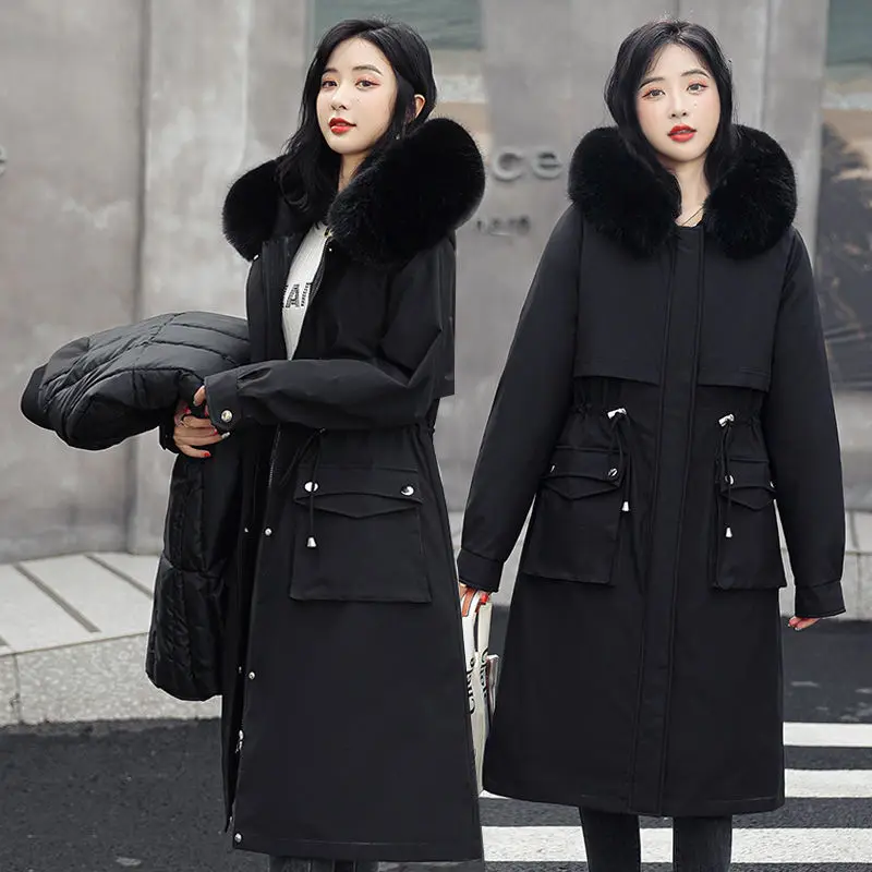 Women's Winter Hooded Faux Fur Collar Jacket Women's Medium Long Waistline Slim Large Pocket Cotton Jacket Women's Coat