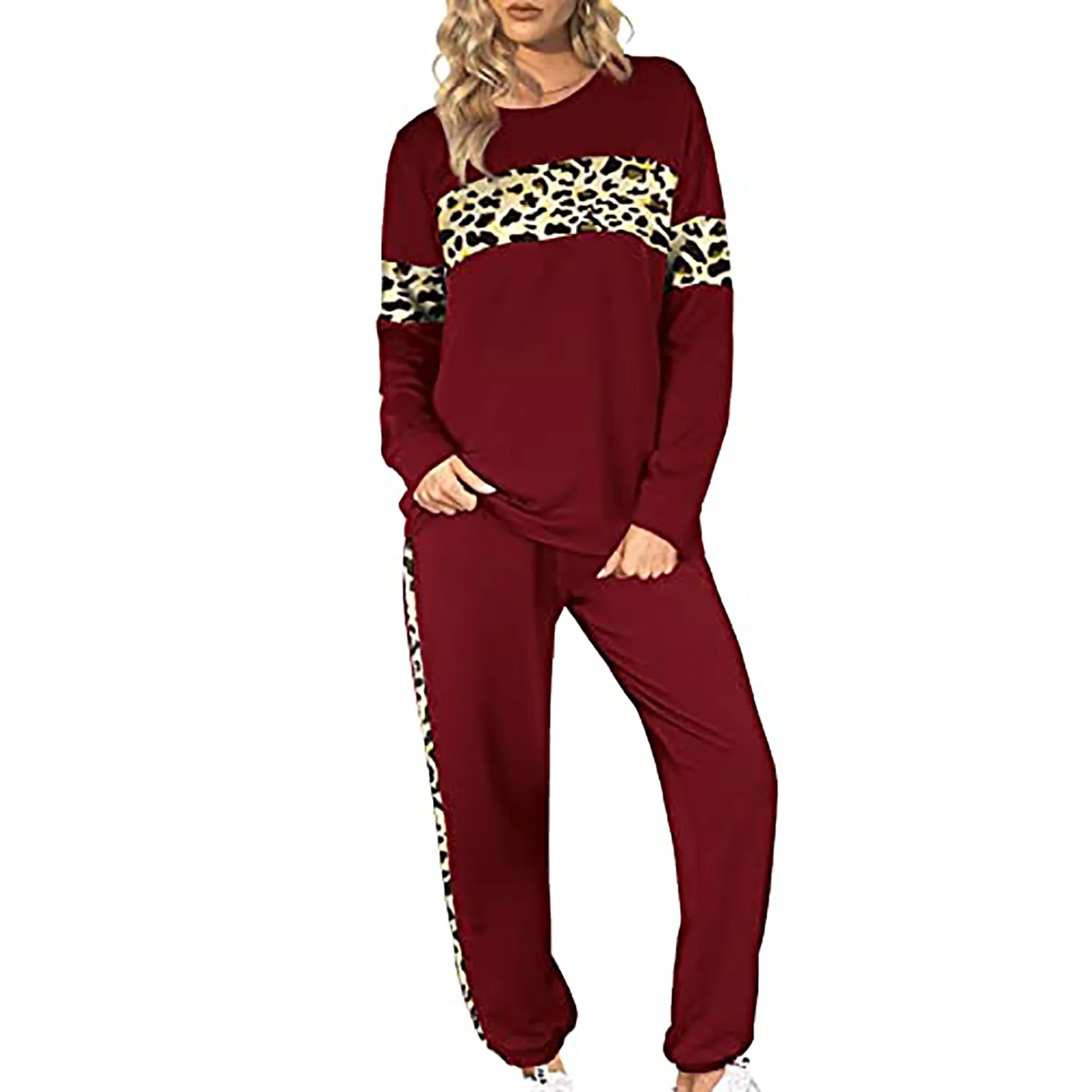 

Женский спортивный костюм с леопардовым принтом, брюки в полоску с круглым вырезом и длинными рукавами, Повседневная модная одежда из 2 пред...