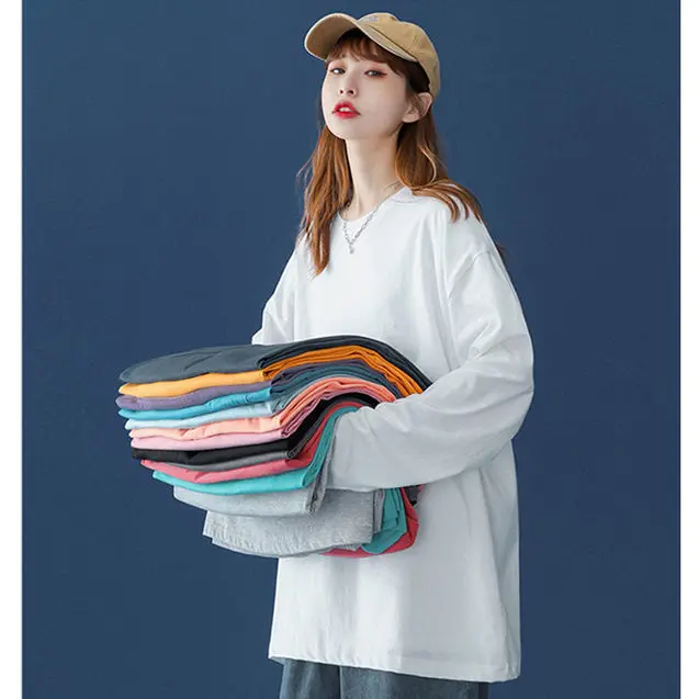 

2022 New Spring Solid Color Round Neck Long Sleeved T-shirt for Woman Base Shirt Red White 13 Color Optional Loose T-shirt Tops