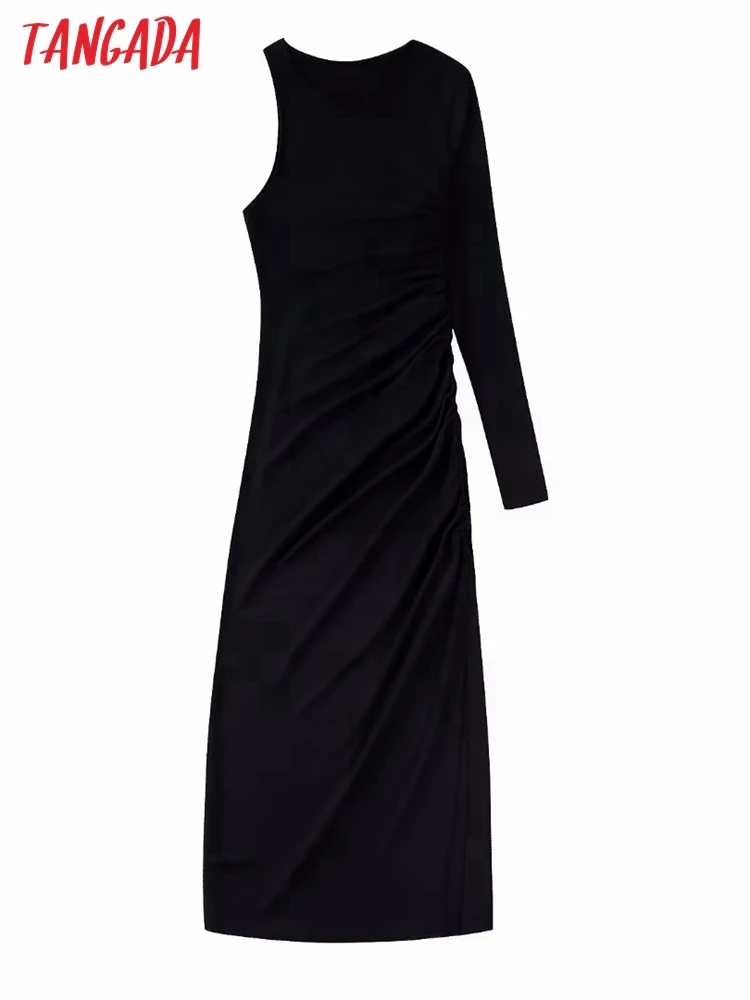 

Tangada 2022 Women Black One Shoulder Off Midi Dress Long Sleeve Ladies Pleated Dresses BE633