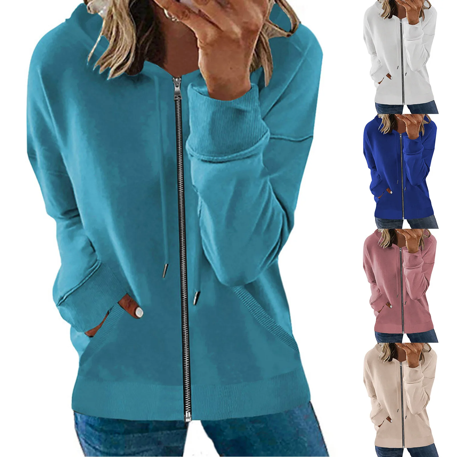 

Women Zipper Hoodie Jacket Solid Color Loose Casual Hoodie With Pockets Womens Zip Up Hoodies