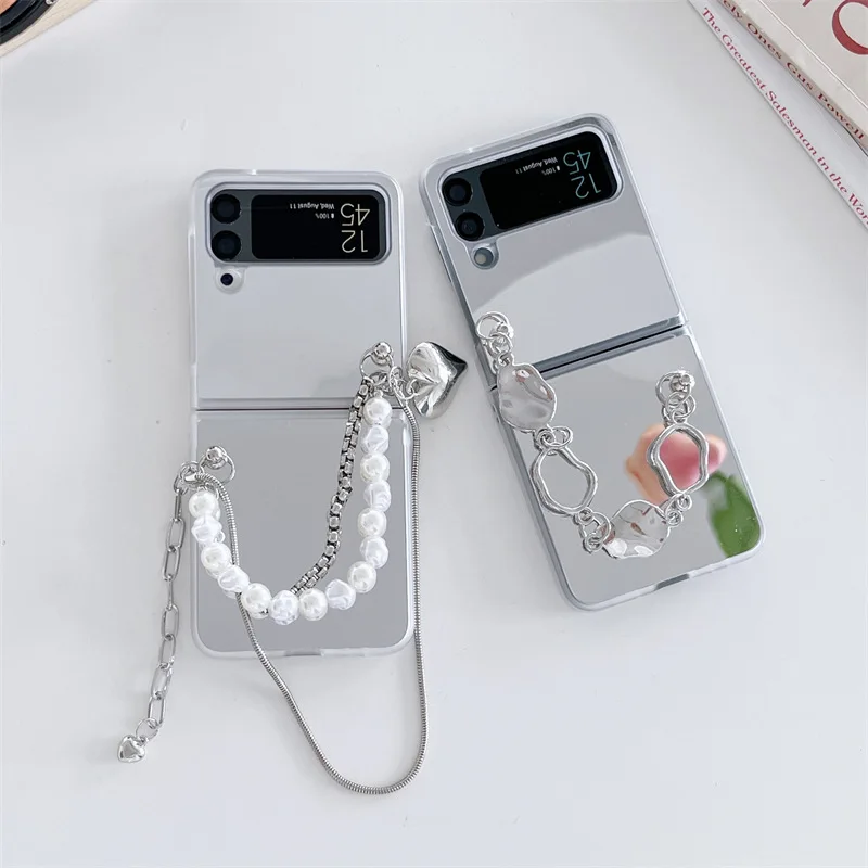 

Fashion Chains Mirror Surface Phone Case for Samsung Galaxy Z Flip 3 Z Flip 4 Hard PC Back Cover for ZFlip3 ZFlip4 Case Shell