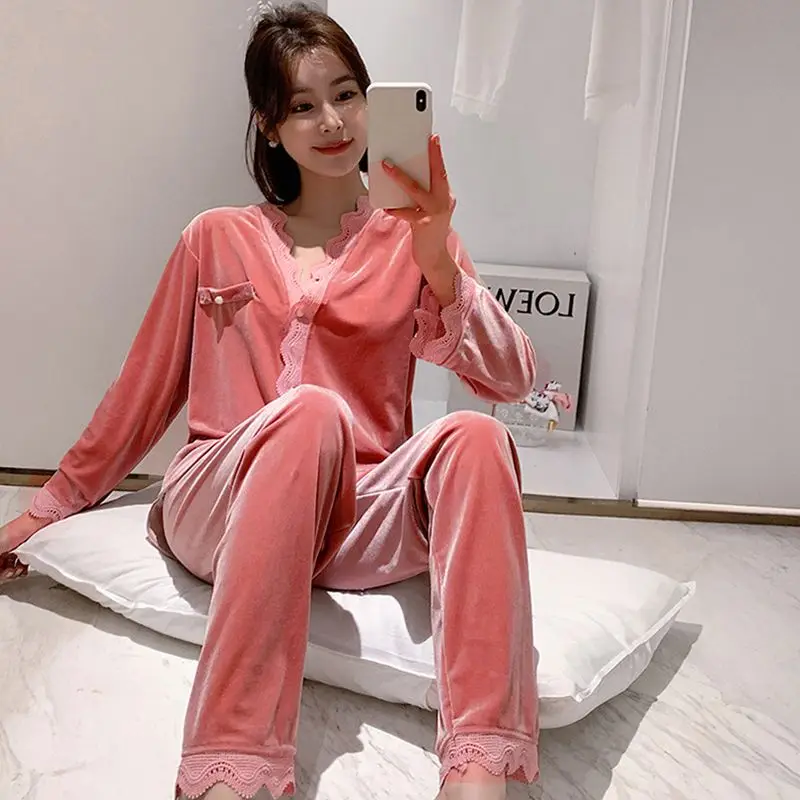 Pleuche pajamas women long suit qiu dong the spring and autumn period and the beautiful young cardigan household