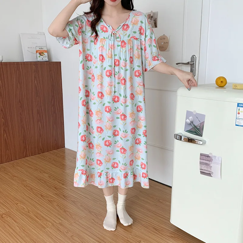 Short Sleeve Women Nightgown Sleepdress Printing Home Clothes Cotton Lounge Pijamas Homewear Vestidos De Noche пижама