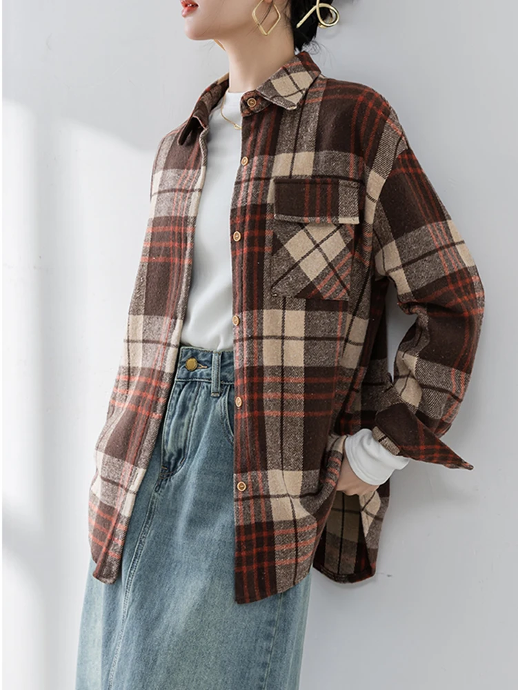 Клетчатая блузка в корейском стиле женская одежда винтажные блузки с карманами и