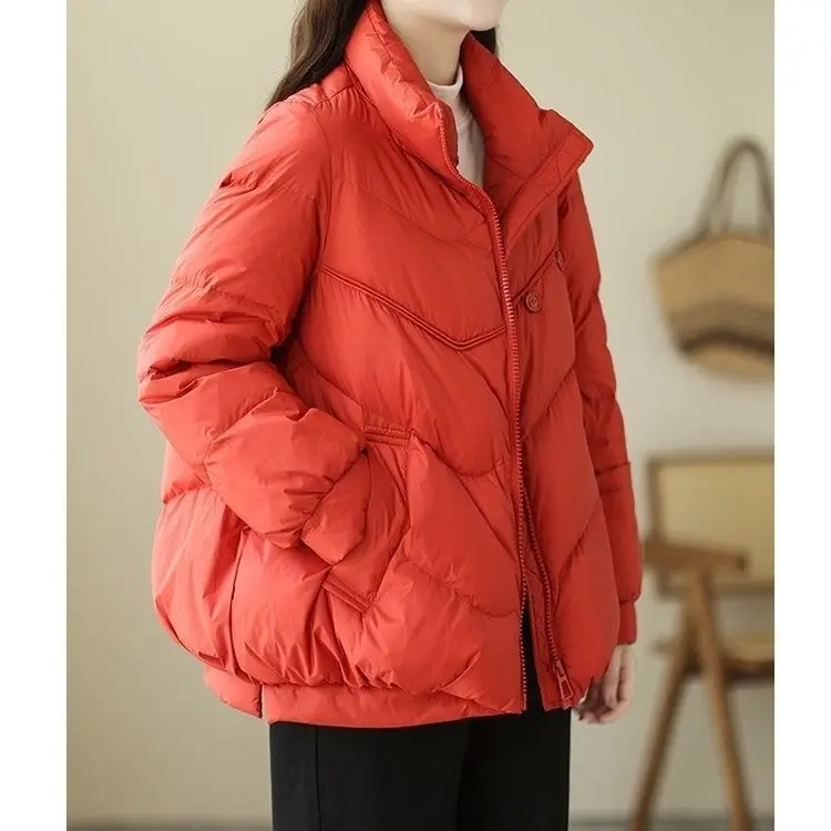 Autumn and Winter New White Duck Down Jacket Straight Short Thin Warm Female Women Down Coats Women Stand Collar Pockets M21