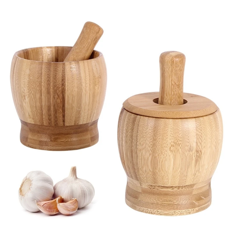 

Bamboo Mortars & Pestle Set Garlic Crusher Masher for Spices Mixing Grinding Y5GB