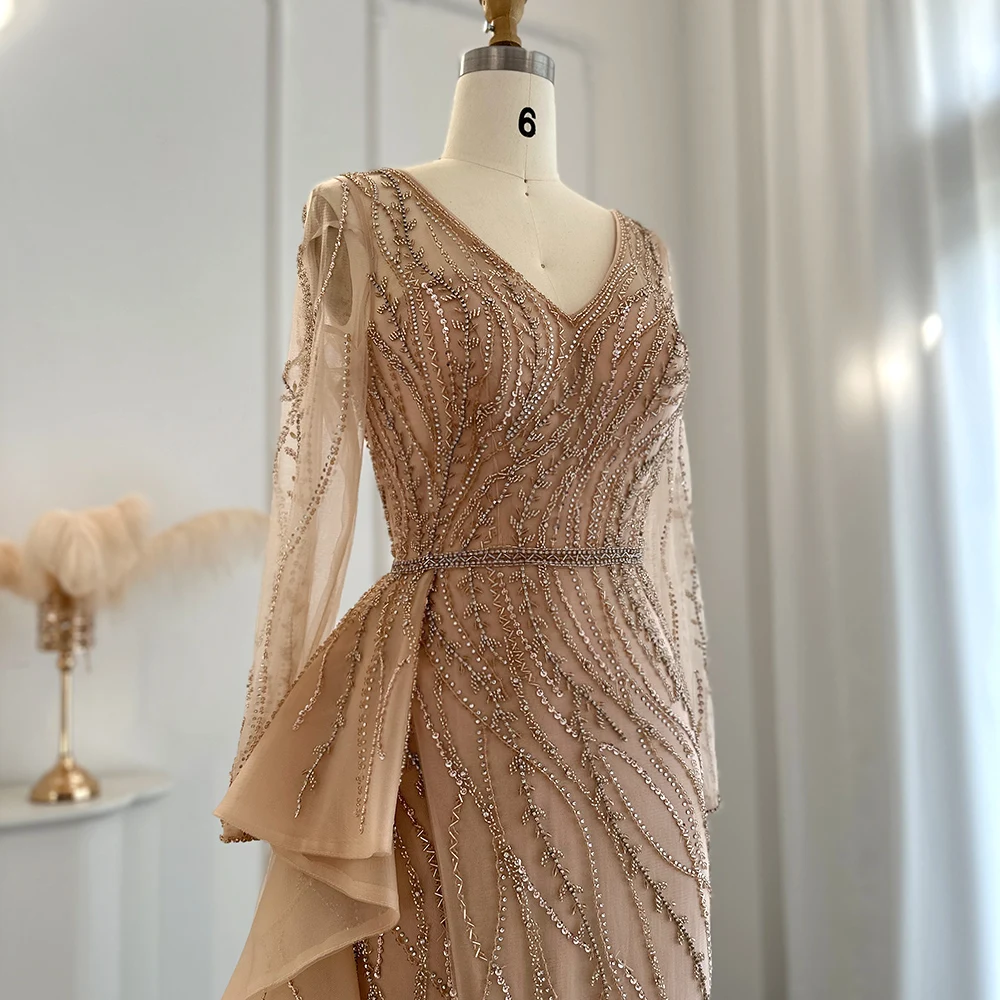 Jancember Elegant V Neck Translucent Sleeves Mermaid Evening Dress 2023 Fashionable Embroider Wedding Formal For Women SCZ063