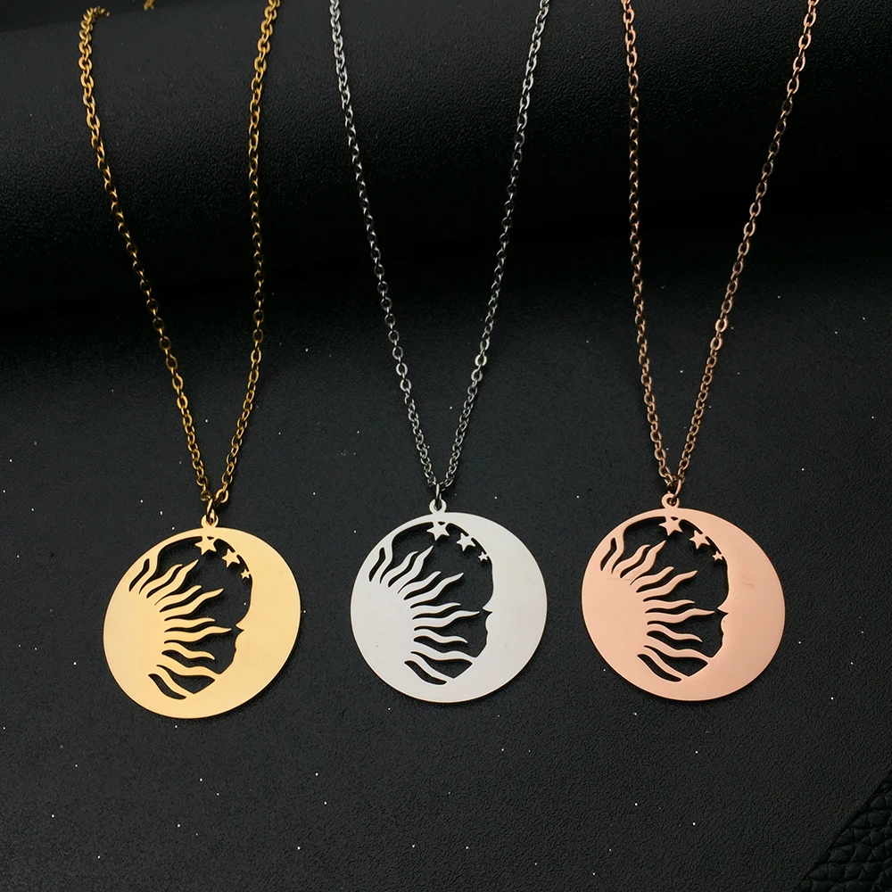 

Ожерелье с солнцем и звездой, лазерная резка, нержавеющая сталь, Круглые бриллианты, ювелирная фабрика YP8757