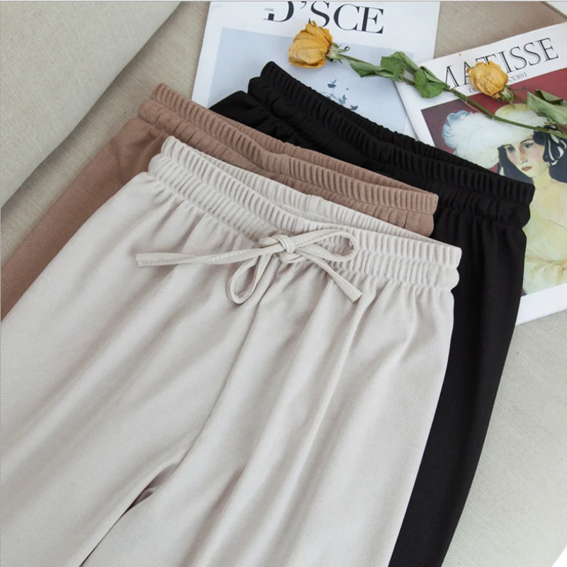 

2021 Women's Summer Pants Soft Ice Silk Ankle-Length Wide Leg Pants Women Loose High Waisted Trousers Solid Comfort Casual Pants