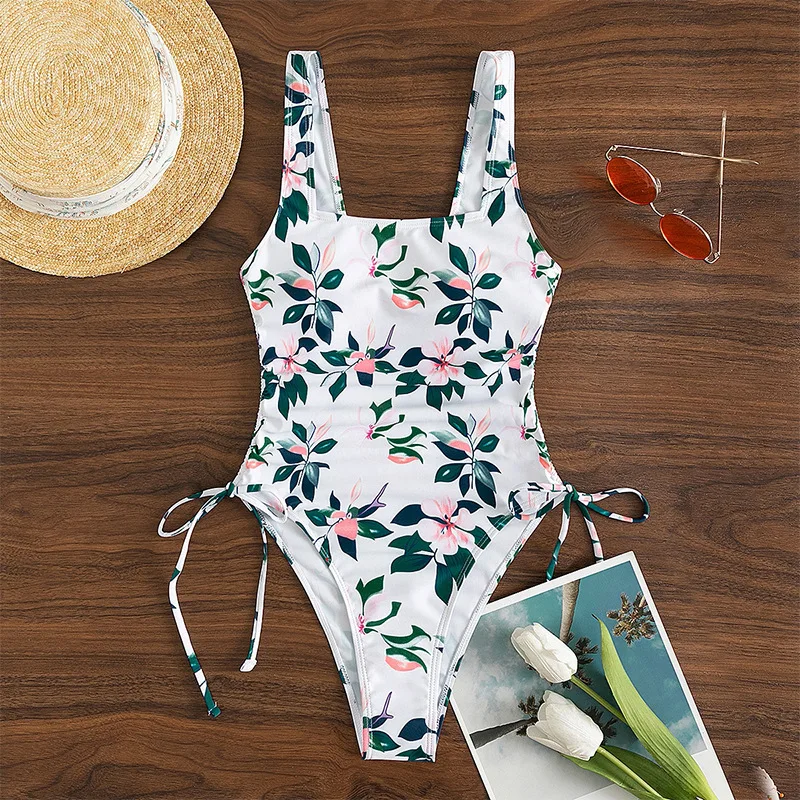 

Women New Printed Slim Fit Summer One Piece Swimsuit Sling U-Neck Lace-Up Bikini Floral Print Beach Swimwear Beach Bathing Suits