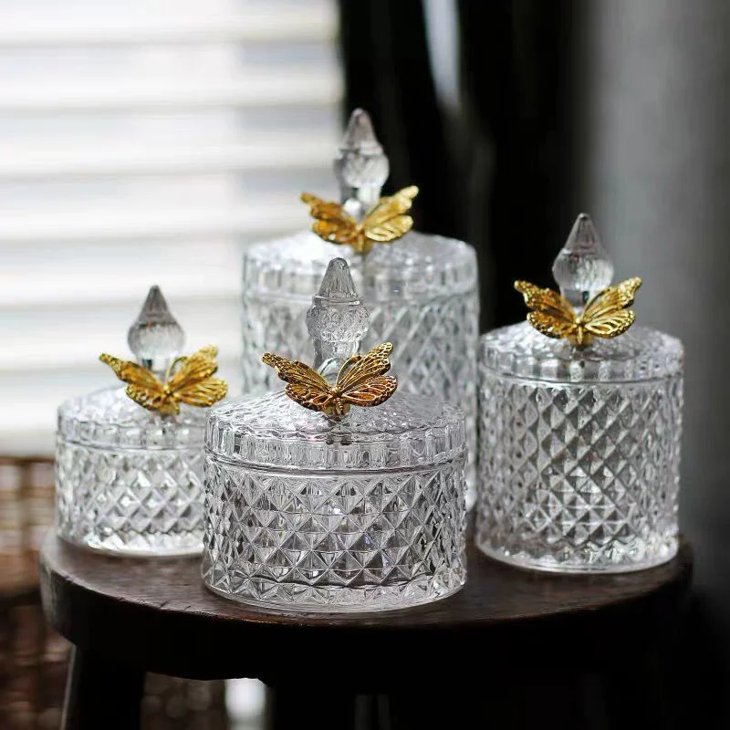 

Glass Candy Jar with Lid Gold Plated Butterfly Jewelry Cotton Swab Box Candle Jar Transparent Glass Fruit Dessert Box Home Decor