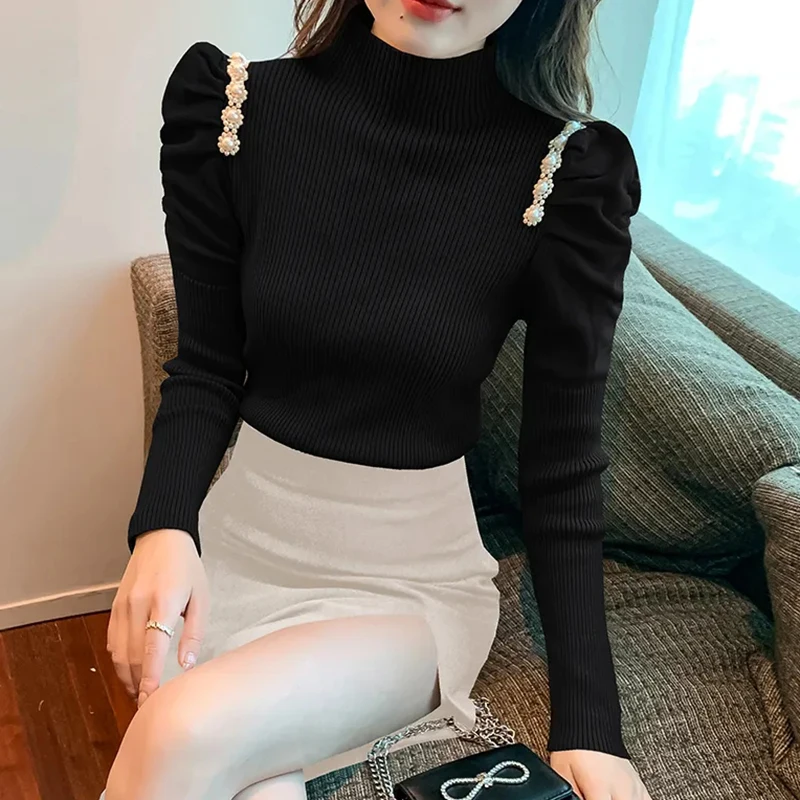 

Rimocy Pearls Puffe Sleeve Knit Sweater Women Autumn Winter Pleated Slim Fit Knitwear Woman Half High Neck Pullovers Female