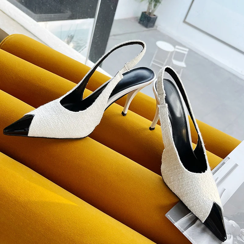 

2022 New Black Pink Heels Women Sandals Summer Fashion Green Metal Pointed Toe Shoes Mules Pumps Shallow Slip-On Stilettos Mujer