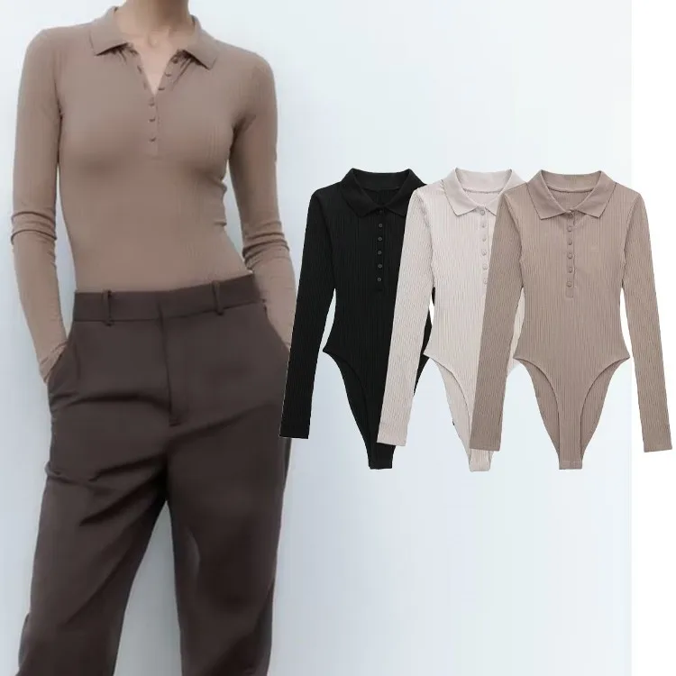 

RDMQ 2023 Newest SprIng Autumn Women Solid Bodysuits Fashion Vintage Polo Collar Thin Female Playsuits Mujer Three Colors