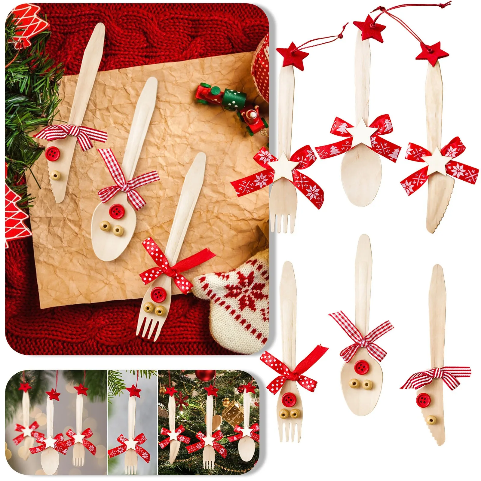 

Рождественские декоративные украшения, Рождественская деревянная вилка и ложка, декоративный творческий набор вилок и ложек, декоративный кулон