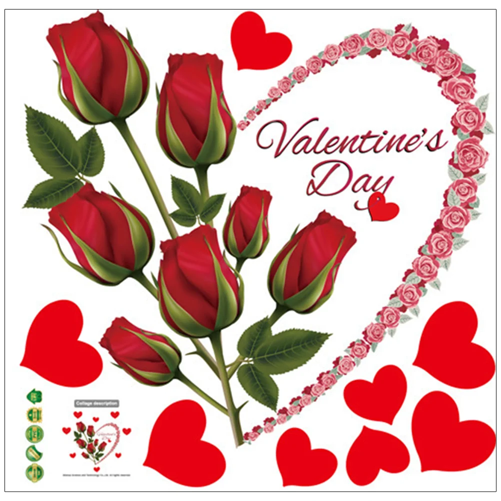 

Wall Stickers Decal Decor Removable Valentines Sticker Romantic Decals Red Rose Adhesive Self Flower Bathroom Heart Furniture