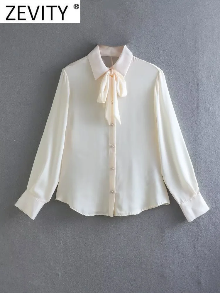 

Zevity Women Fashion Bow Design Solid Soft Satin Smock Blouse Office Lady Pearl Buttons Business Shirt Chic BlusasTops LS2698