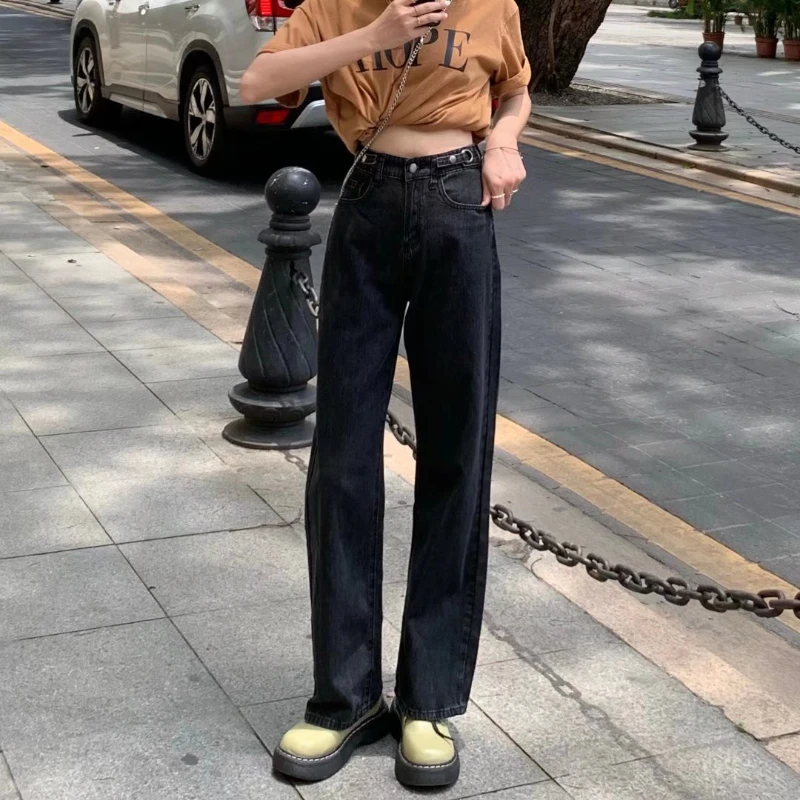 

Retro Hong Kong Style Jeans Women's Loose Korean High-waisted Straight-legged Daddy Pants with Thin Wide Legs Black Jeans Women