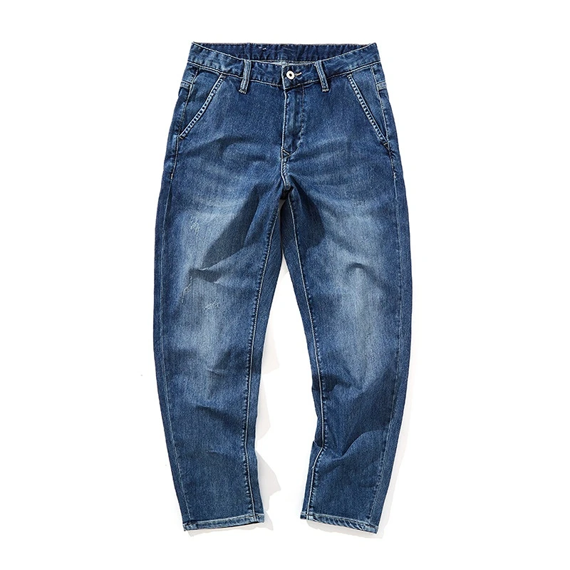 

Spring Summer Stretch Tapered Harlan Daddy Pants Men's Washing Blue Oblique Pocket Jeans Trendy Men's Ninth Pants