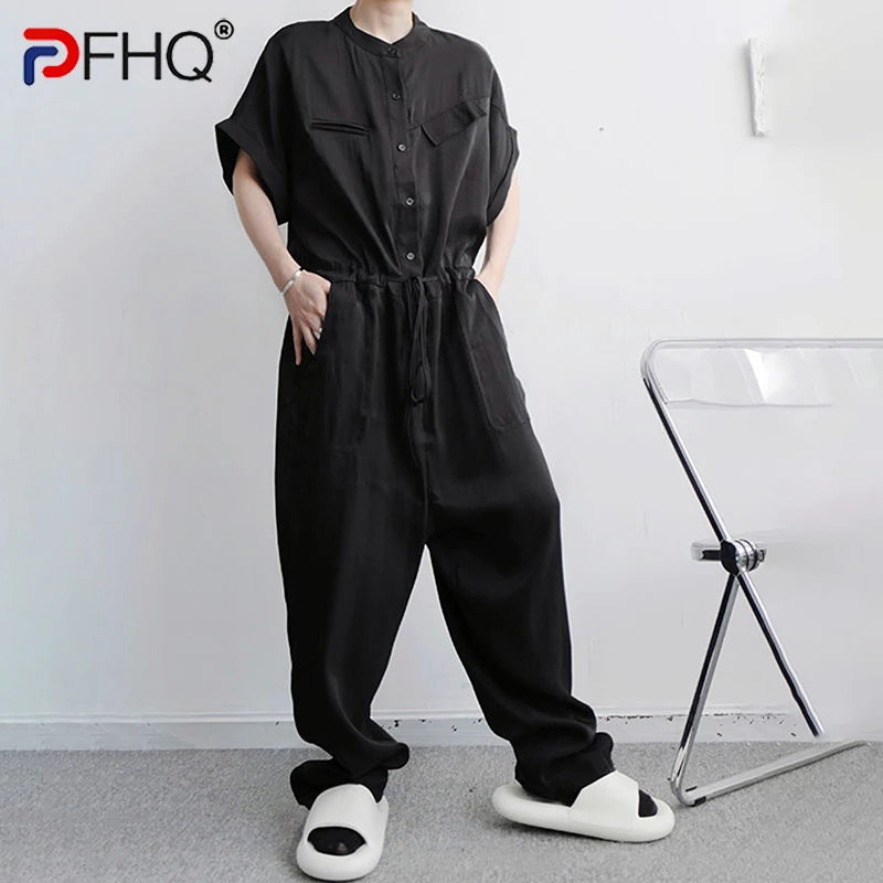 

PFHQ Jumpsuit 2023 Korean Baggy Stand Collar Short Sleeve Asymmetric Pocket Solid Color Single Breasted High Quality Elegant New