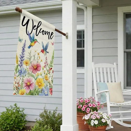 Фото Флаг Spring House с цветочным узором и изображением колибри, двусторонний, 28x40 дюймов, ZZY №2