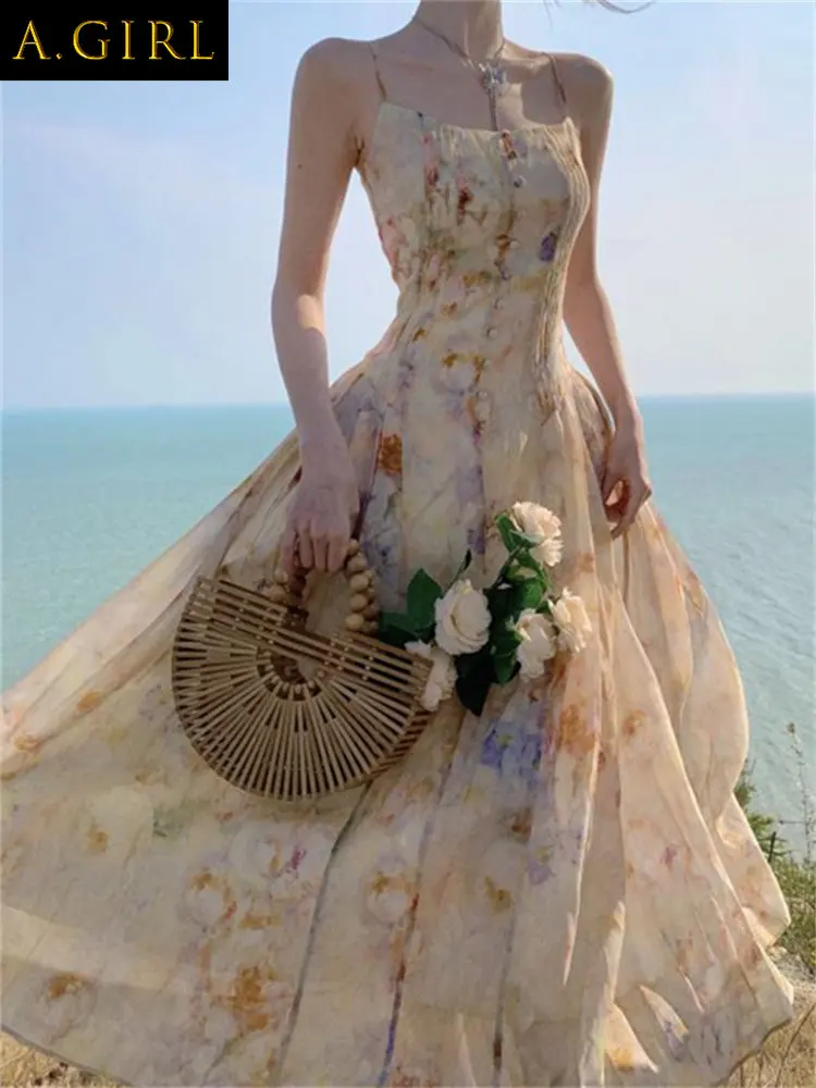 

A GIRLS Elegant Chiffon Midi Dress for Women 2023 New Fashion Fairycore Spaghetti Strap Floral Vintage Dress Elegant Slim Summer