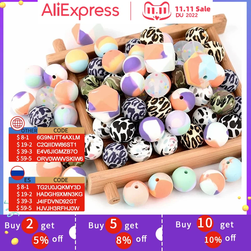 

LOFCA 10pcs12mm/15mm/19mmTie dye leopard Terrazzo Dalmatian camo Silicone Teething Beads DIY Chewable Colorful For Infant Baby