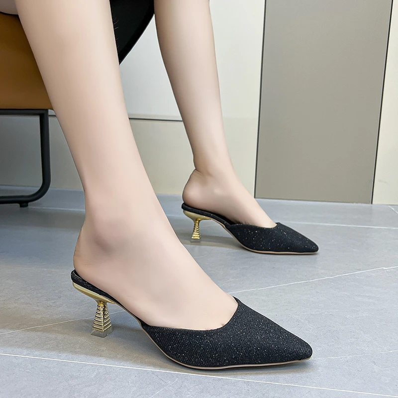 

Baotou High Heel Slippers for Women 2023 New Fashion Suede Pointed Thin High Heels Fashion Large Half Slippers for Women