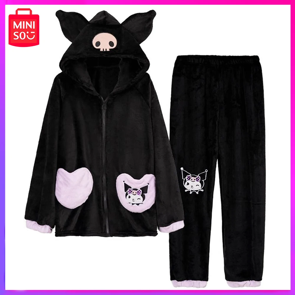 

2023 Miniso Sanrio Kuromi New Autumn Winter Coral Velvet Sleepwear with Thick Plush Student Loungewear Set Christmas Girl Gift