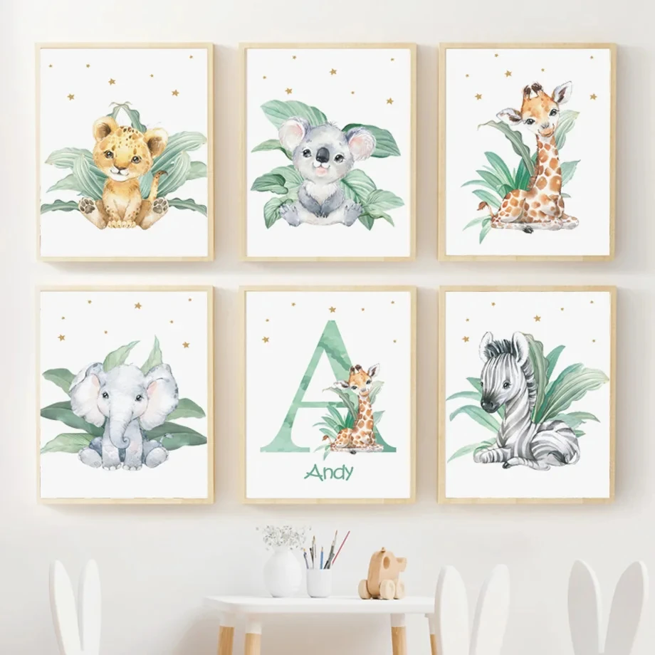 

Safari Jungle Animals Koala Giraffe Lion Boho Wall Art Custom Name Posters Canvas Painting And Prints Pictures Kids Room Decor