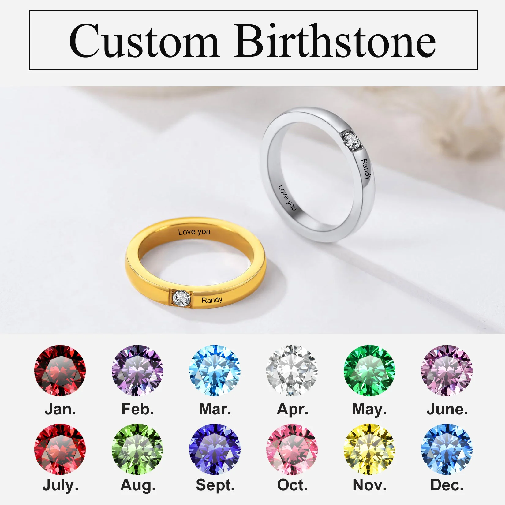 U7 Stainless Steel Personalized Birthstone Rings for Woman Man 18K Gold Color 1/2/3pcs CZ Laser Engrave Name Custom Unisex Ring