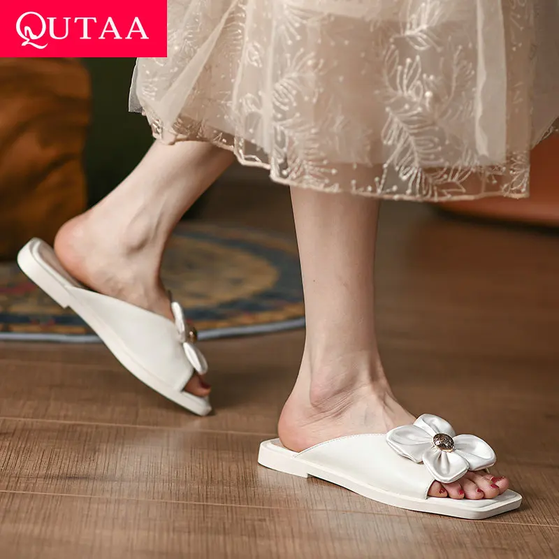 

QUTAA 2022 Women Pumps Slippers Flat Heel Women Shoes Platform Square Toe Flower Out Door Black Women Sandals Size 34-39
