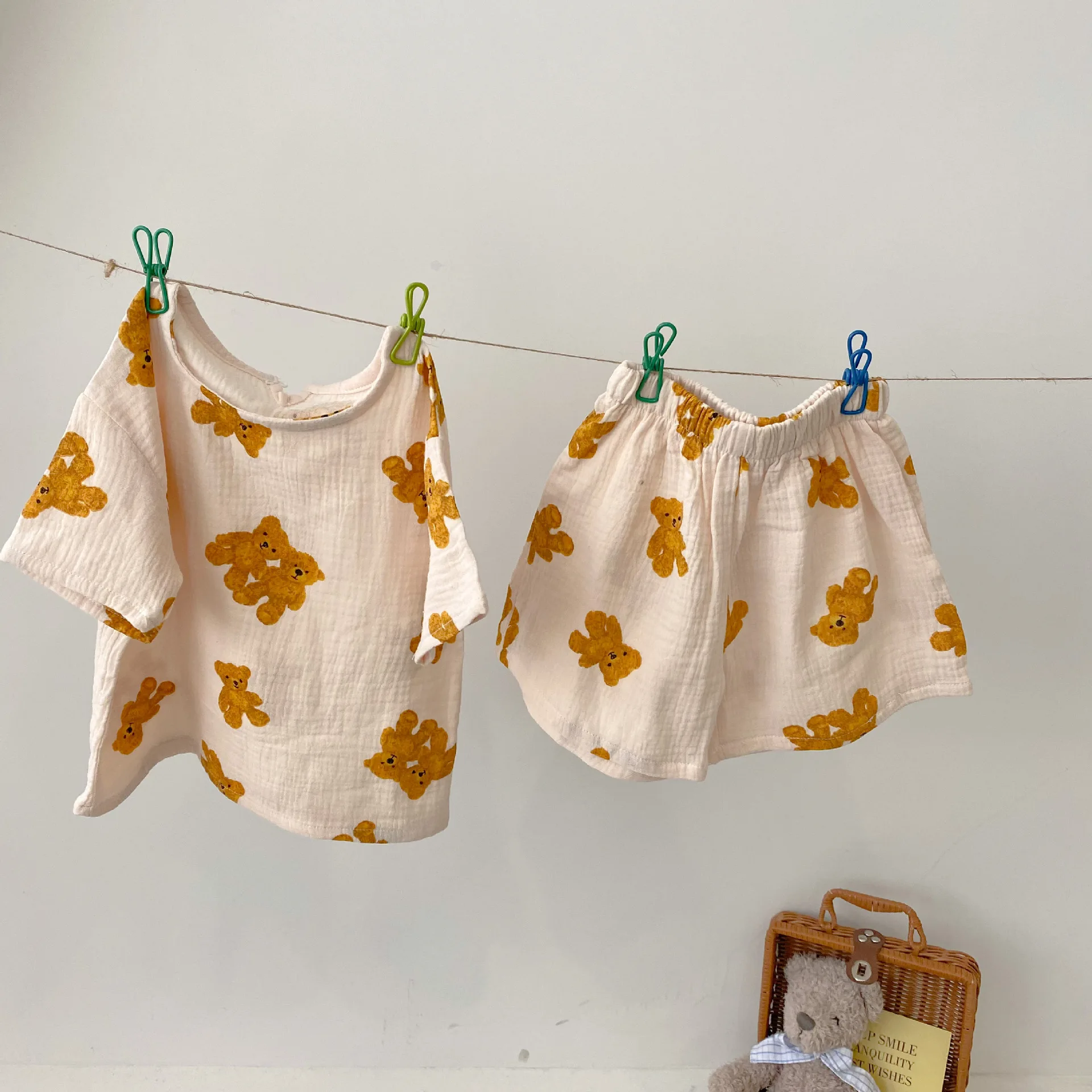 2022 Summer New Baby Clothes Set Cotton Linen Children 2pcs Suit Cute Bear Print Boys Short Sleeve Set Kids Girls Casual Outfits