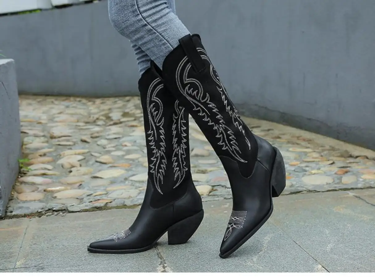 Fashion Embossed Microfiber Leather Women Boots Pointed Toe Western Cowboy Boots Women Knee-High Boots Chunky Thick heel boots
