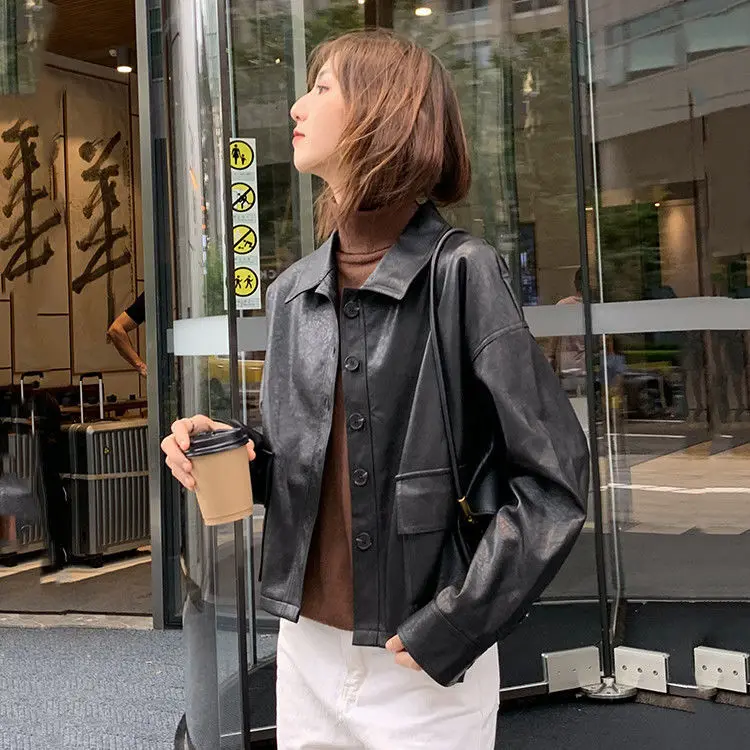 Short Brown Leather Jacket Women Long Sleeve Drop Shoulder 2022 Oversized Faux Leather Jackets for Women Fall Jacket for Women