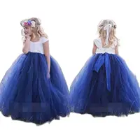 Cute Princess White Navy Blue Flower Girls Dresses Bateau Neck Cape Sleeve Puffy Ball Gown Girls Pageant Gown First