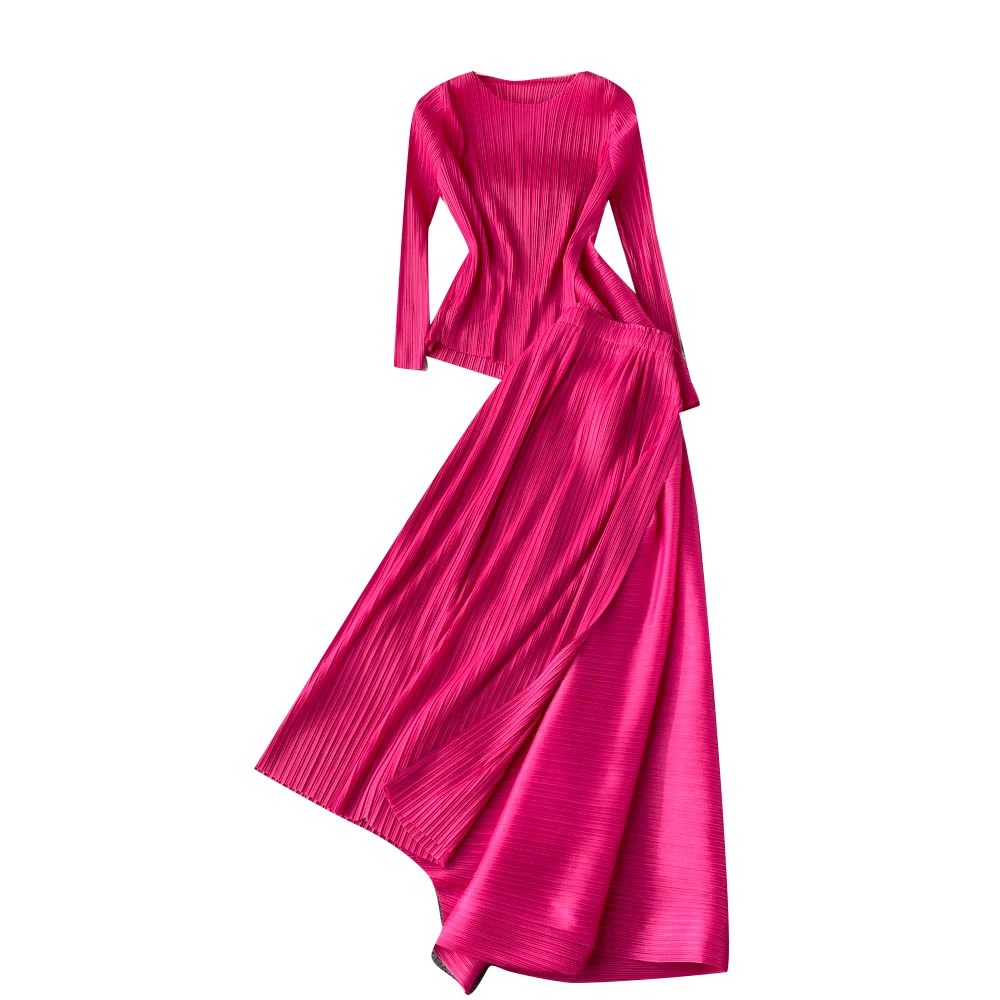 

Amolapha 2022 Fashion Runway 2-piece Suit Women's O-Neck Long Sleeve Slim Blouse Tops And Elastic Waist Irregularity Maxi Skirt