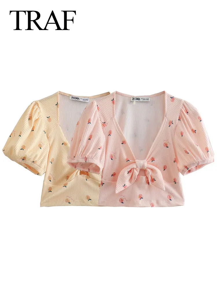

TRAF 2022 Summer Fashion Printed Cute Top Puff Short Sleeves V-Neck Chic Bow Hollow Sexy Tight Slim Tank Top Yellow Pink Vest