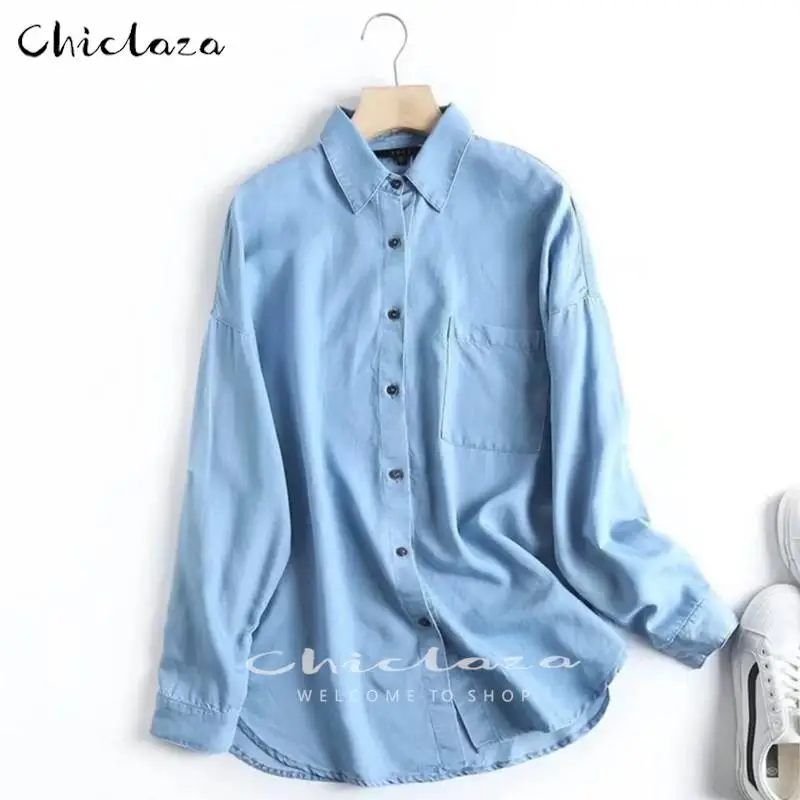 

CHICLAZA Women New Spring Fashion Blue Shirt Tops Ladies Casual Long Sleeve Solid Pockets Autumn Blouses Female