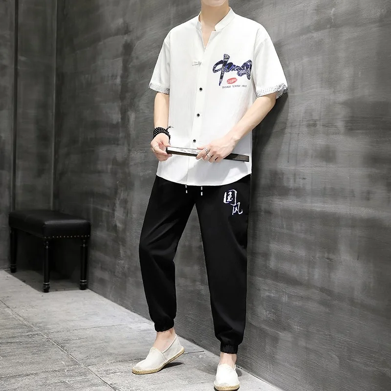 

Комплект рубашки из хлопка и льна для мужчин, повседневный уличный комплект из 2 предметов, пижама, удобный дышащий пляжный комплект с коротким рукавом, 5XL, лето