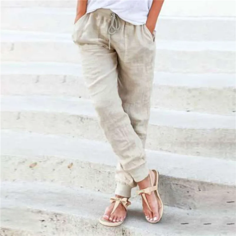 

Plus Size Women Pants Summer Elastic Waist Loose Casual White Harem Pants Women's Pocket Cotton Linen Hot Sale Fashion