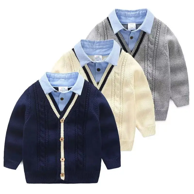 

2023 Spring Autumn Winter 3 5 6 8 10 12 Years England Style Knitted Gently Handsome Fake Two Pieces Sweater For Baby Kids Boys