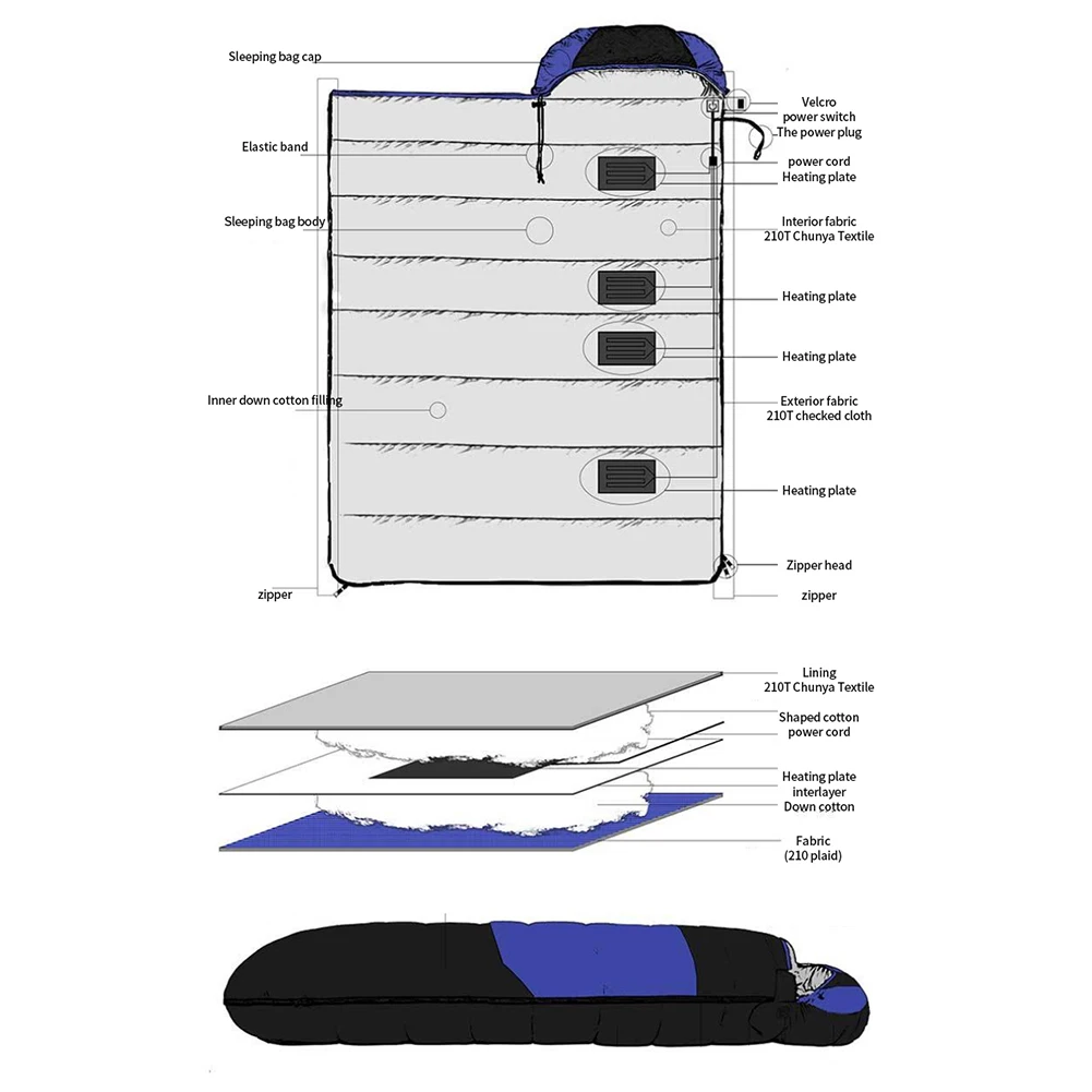 Спальный мешок с электроподогревом ультралегкий водонепроницаемый Зимний