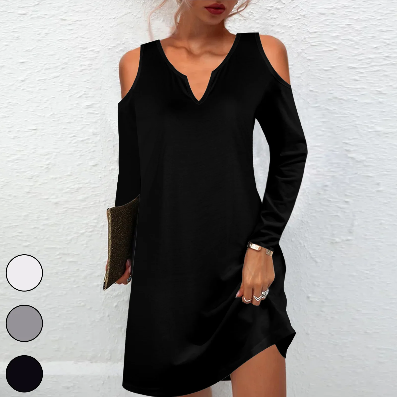 

2023 Spring &autumn New Women's Solid Color Slim Dress Fashion Commuter Party Elegant Black White Gray Long Sleeve Short Dresses