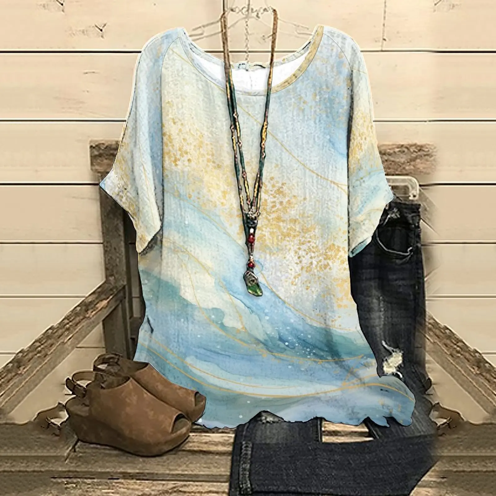 

Fashion Summer Women's Half Sleeve Top Tee Watercolor Texture Golden Glitter Sea Waves Print T-Shirt Streetwear